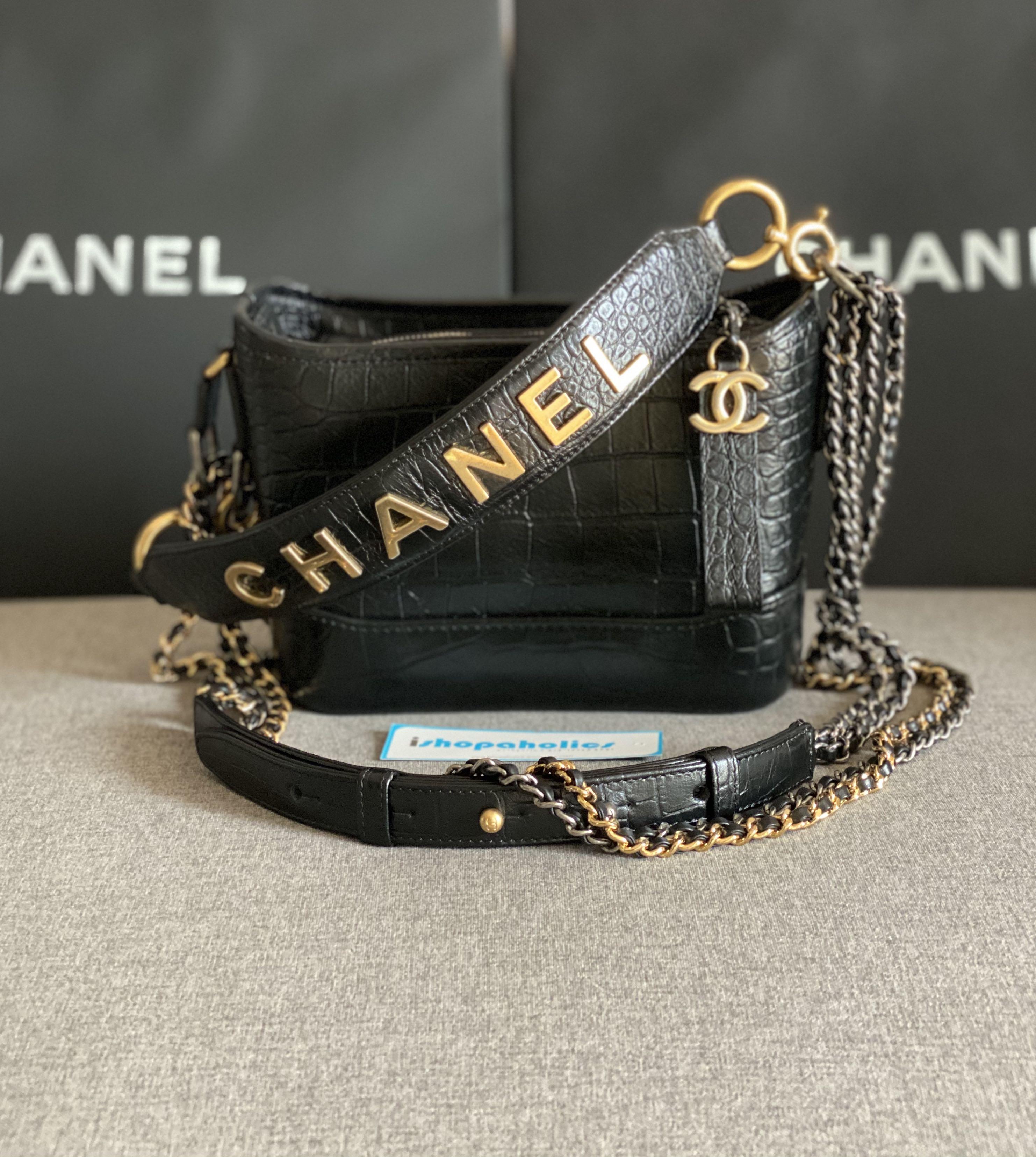 CHANEL Calfskin Crocodile Embossed Small Gabrielle Cocodile Hobo