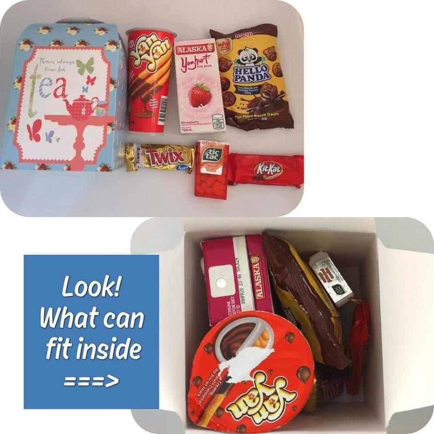 Tea Party Loot Bag or Cookie Pastry Box (Category: Storage Boxes & Baskets) located in Marikina City. Submitted by peavydenissehmua (Listing ID 1034025891, Image 3). Description: Tea Party Loot Bag or Cookie Pastry Box Material: Food Grade Coated Paper Dimension: 12cmx10cmx10cm Package includes: 1 pack of 24pcs Can fit (1) 3oz cupcake Php 290.00.