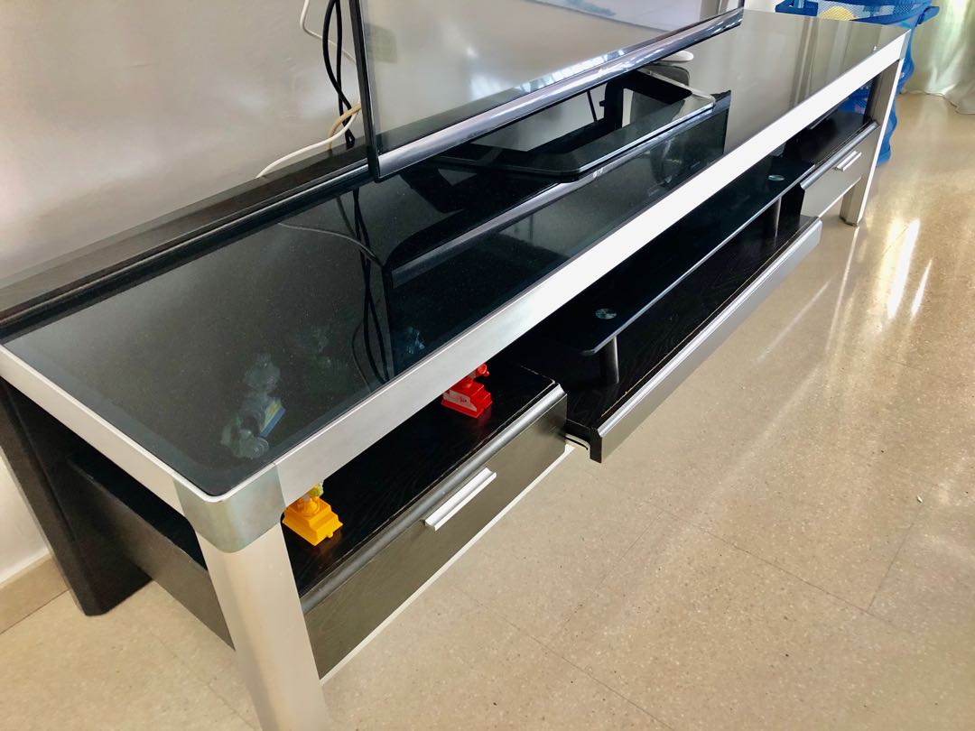 Glass Top TV console with drawers and pullout tray table, Furniture