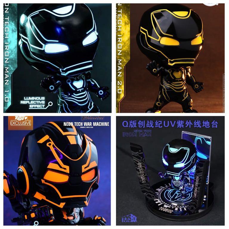 MARVEL HOT TOYS IRON MAN NEON TECH 1.0 2.0 WAR MACHINE 3.0 LUMINOUS REFLECTIVE EFFECT COSBABY TOYS BOX UV BASE