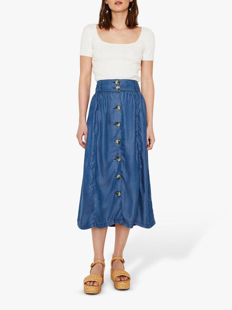 WAREHOUSE Button Front Midi Skirt Dark Denim Wash Women s