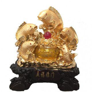 5 Golden Fishes with Money Pot Statue - WuFuLingMen 五福临门