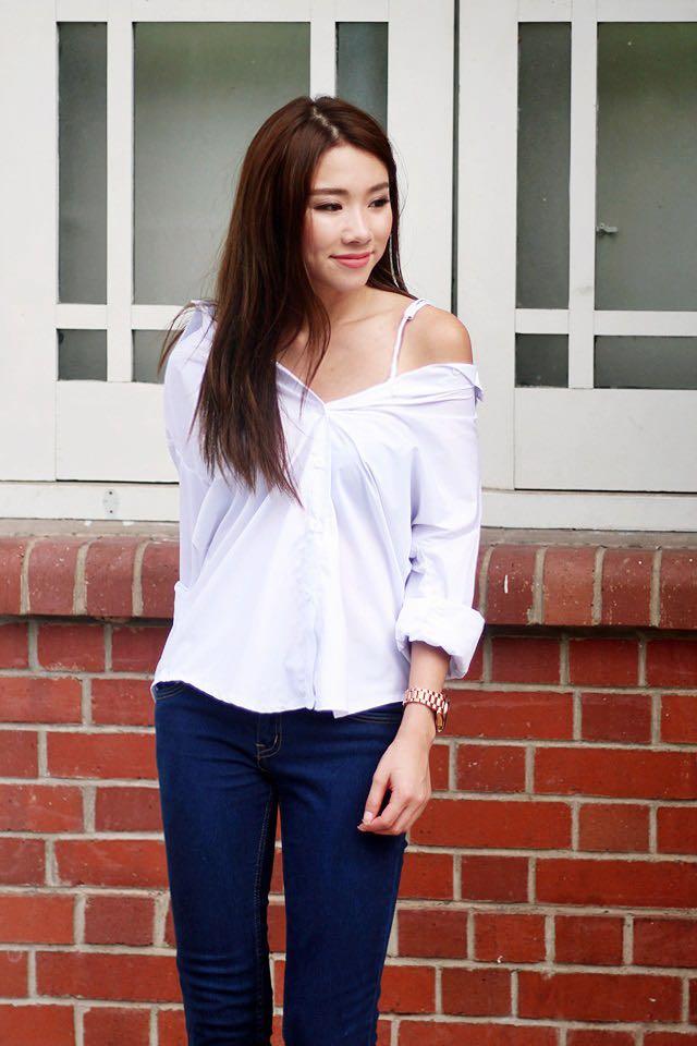 BN Side Off Shoulder Button Down Long Sleeve White Blouse Shirt