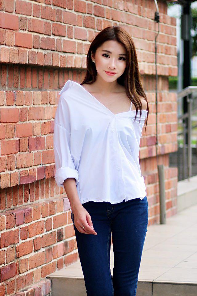 Off the shoulder white button down shirt sales