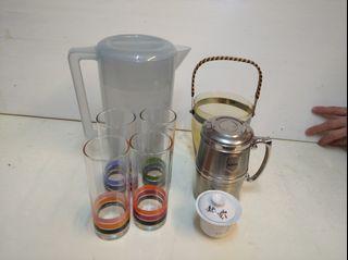 Plastic pitcher, Tea maker, Cups, glasses