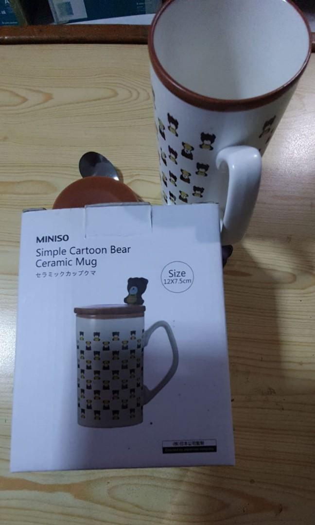 Miniso ceramic cup, lid & spoon, Furniture & Home Living, Kitchenware