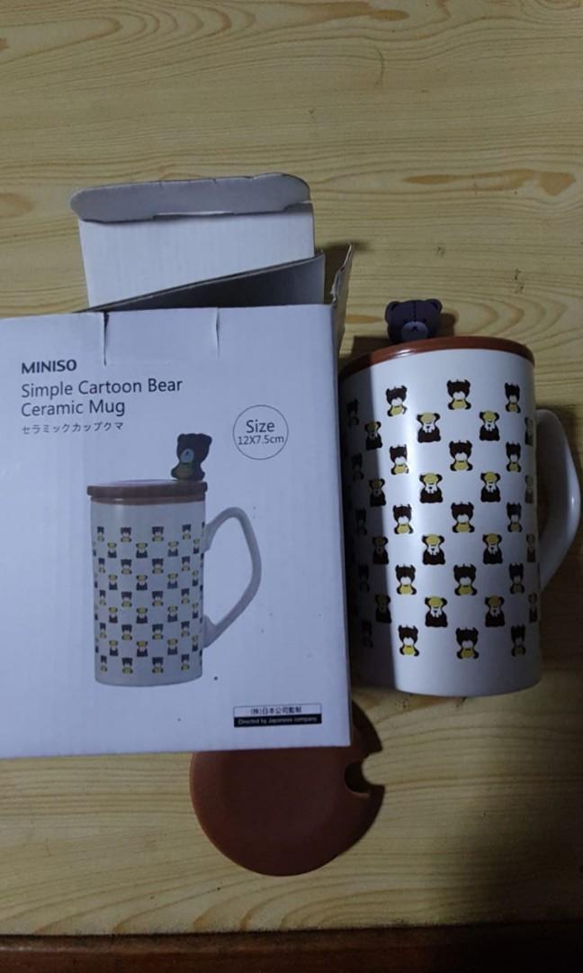 Miniso ceramic cup, lid & spoon, Furniture & Home Living, Kitchenware