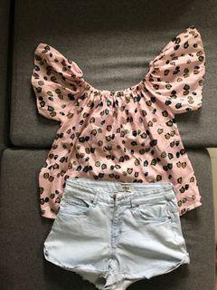 Off shoulder baby pink owl and Forever21 light blue denim shorts