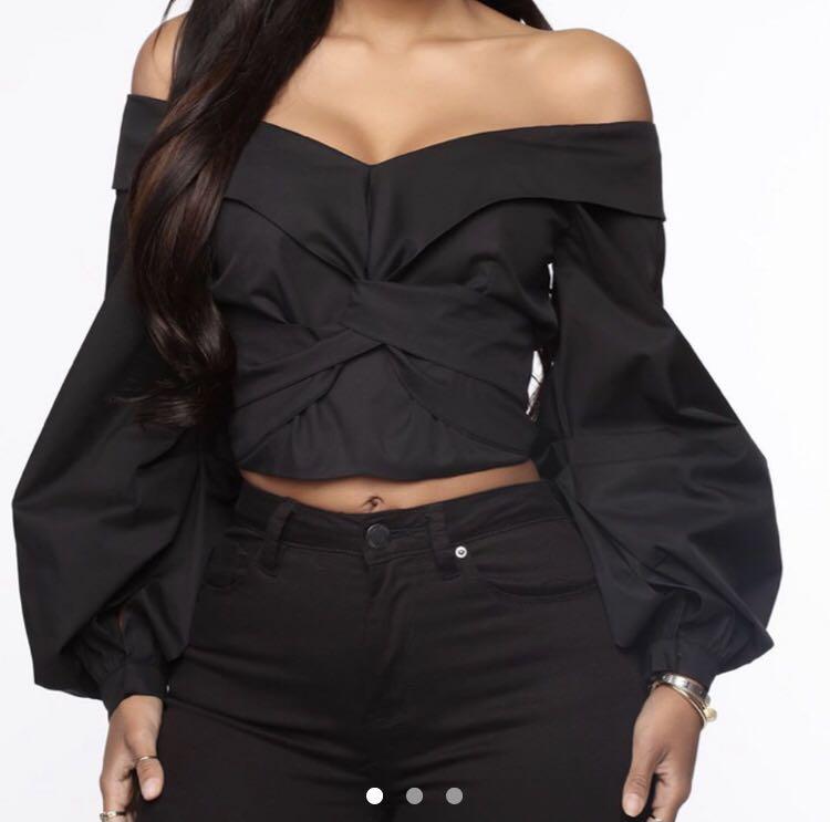 Off shoulder black top Fashion Nova cropped y2k dress shirt with balloon sleeves