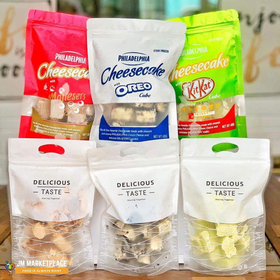 Philadelphia Cheesecake Cubes (Category: Local Eats) located in Pasig City. Submitted by jcfrayres (Listing ID 1059782031, Image 1). Description: Give yourself a yummy treat with these best selling mouth watering cakes 🤤 Perfect for this holiday season🎄 NEW‼️ 400g 🔵Philadelphia Oreo Cheesecake 🔴Philadelphia Maltesers Cheesecake 🟢Philadelphia Kitkat Matcha Cheesecake 🔺Philadelphia Cheesecake Trial Packs 250g Available na! Follow us on: FB: w