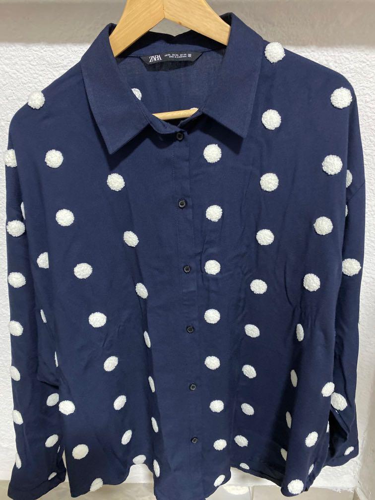 Zara Blue & Ecru Polka Dot Blouse Shirt Top with Tie Detail Size L Bloggers  Fave