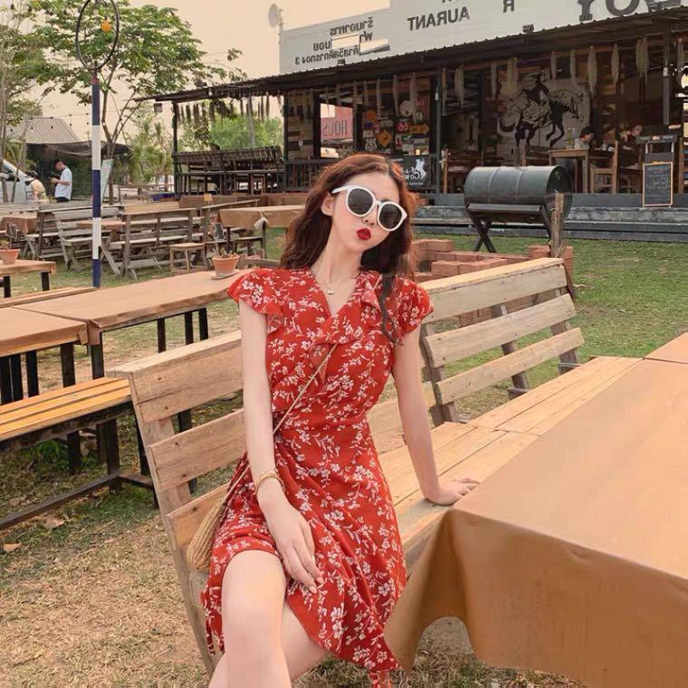 Red summer wrap best sale dress