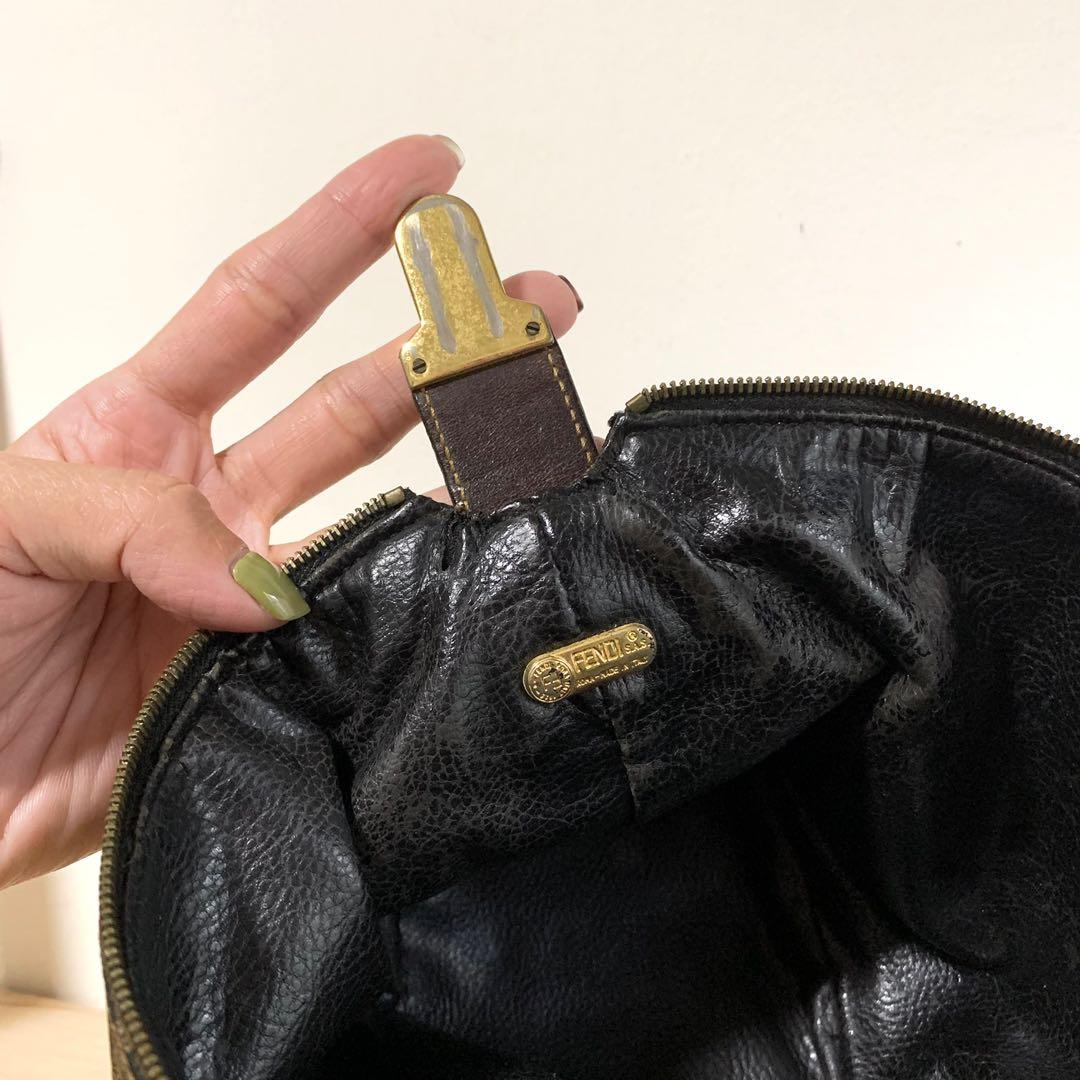 Vintage Fendi Black Makeup Cosmetic Zipper Pouch Bag Stripe Trim Handle