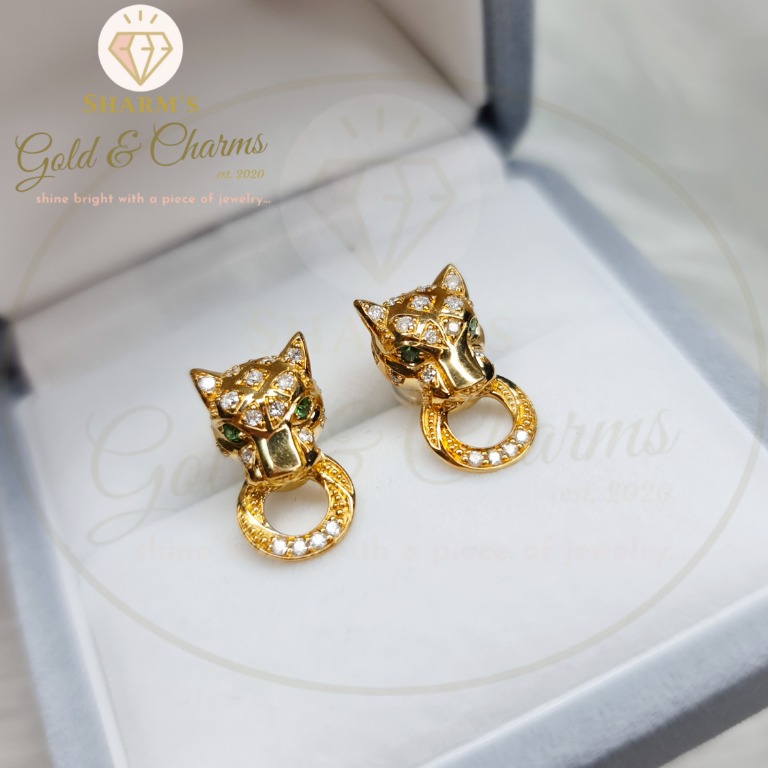 K18 YG Cartier inspired Panther 0.10tcw Green Garnet 0.30tcw Diamond Earrings Women s Fashion Jewelry Organizers Earrings on Carousell