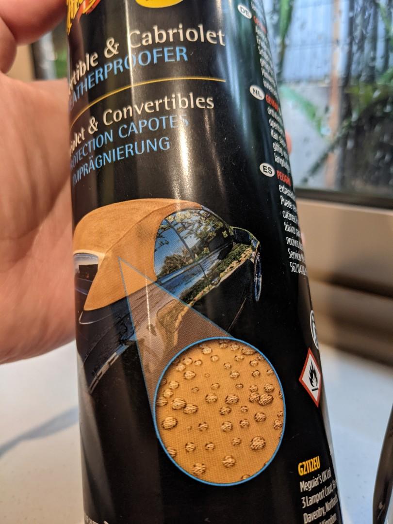 Meguiar's Convertible and Cabriolet Waterproofer Hydrophobic Spray. Not 303 protectant. For soft