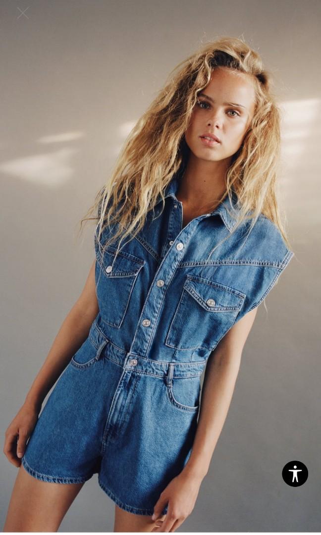 Zara denim jumpsuit trf, Fesyen Wanita 