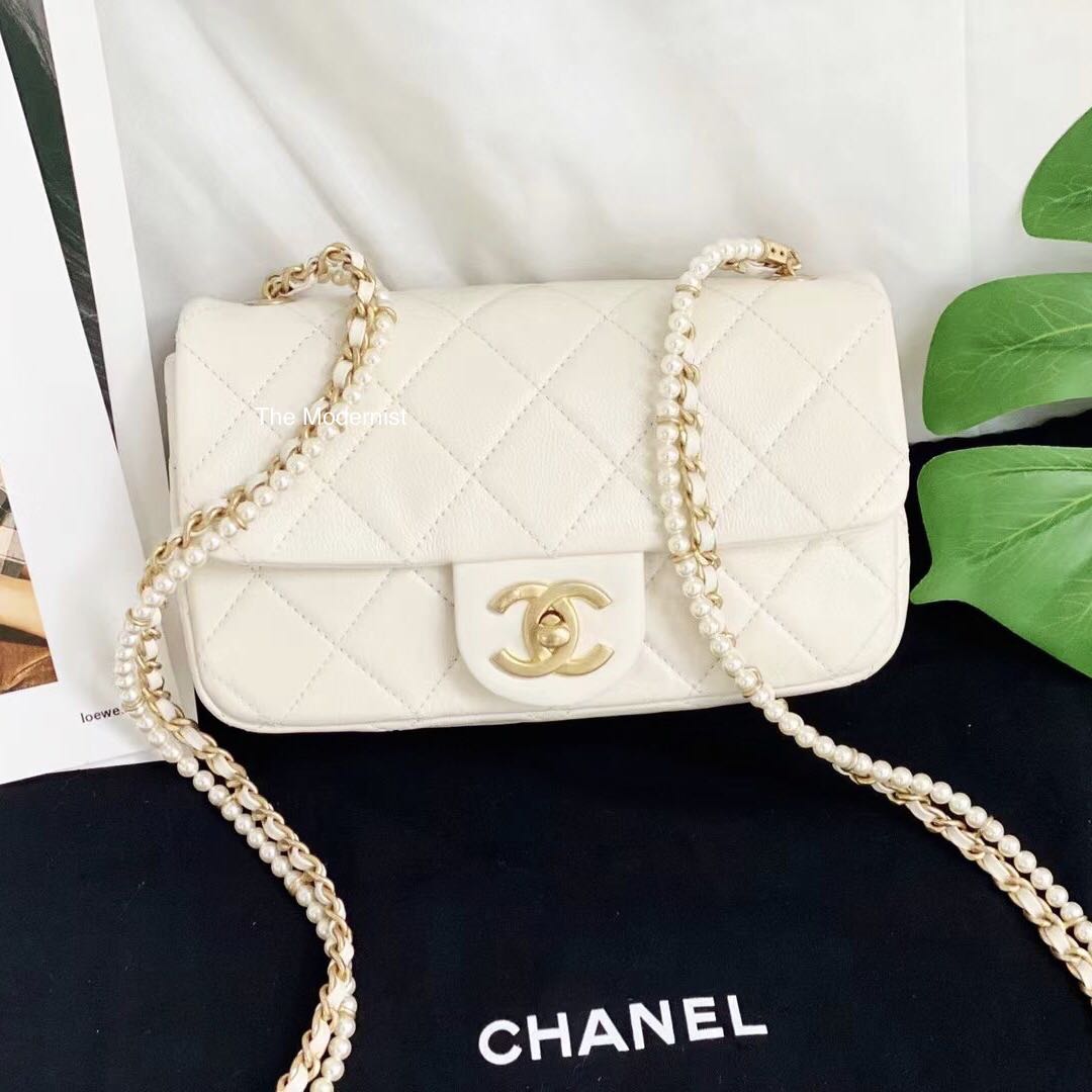 Authentic Chanel Calfskin and Crystal Pearls Mini Flap Bag White