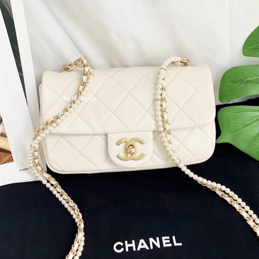 CHANEL Calfskin Quilted Crystal Pearl Small Flap Bag White 814407