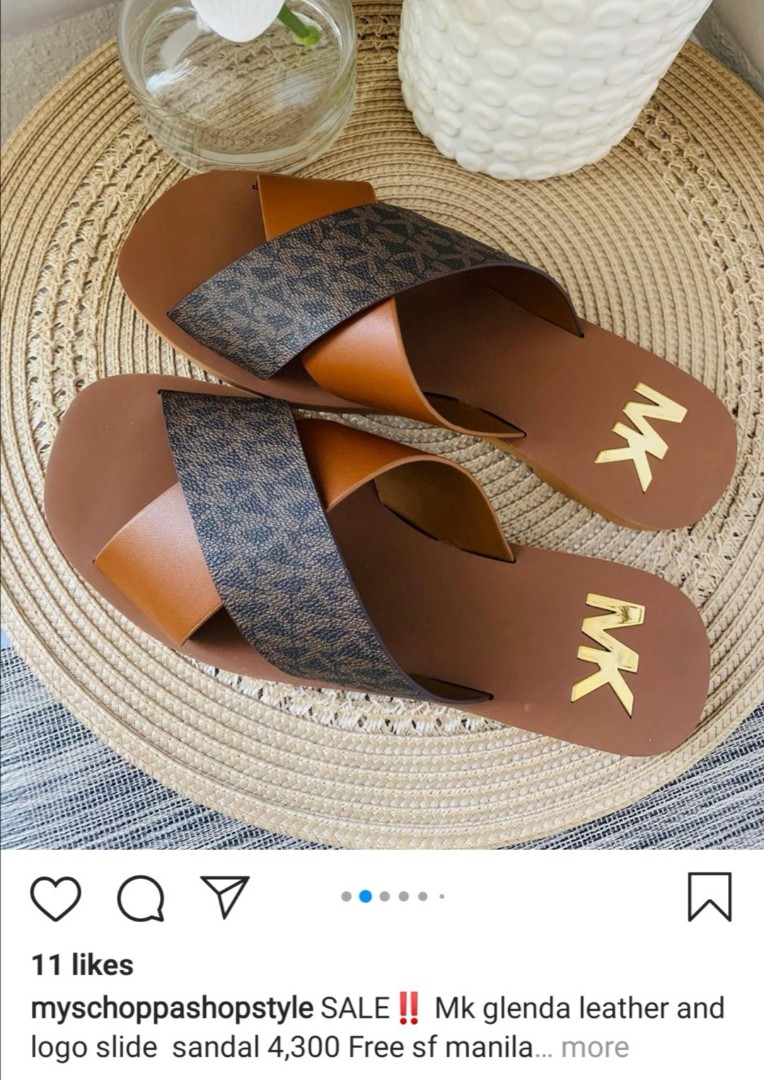 Michael kors glenda leather online and logo slide sandal