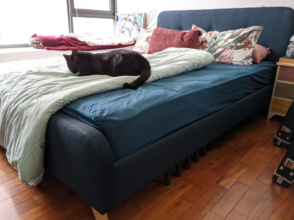 Queen size Bed Frame Bed head & frame Teal colour, fabric, timber