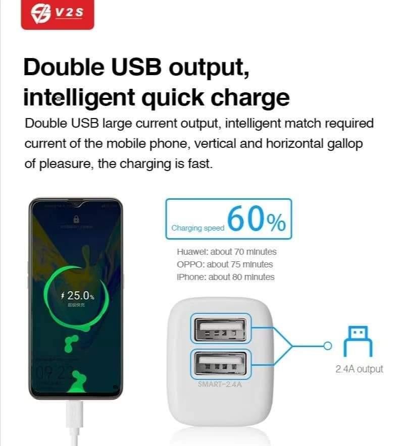 3in1 Fast charger set (Category: Chargers) located in Mandaluyong City. Submitted by shopmla (Listing ID 1062254059, Image 2). Description: original v2s fast charger dual USB for Android/IOS/typeC Php 350. Sf applies Bdo Bpi family Gcash.