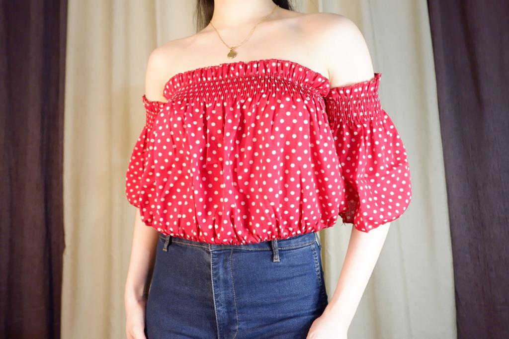 red polka dot off the shoulder top