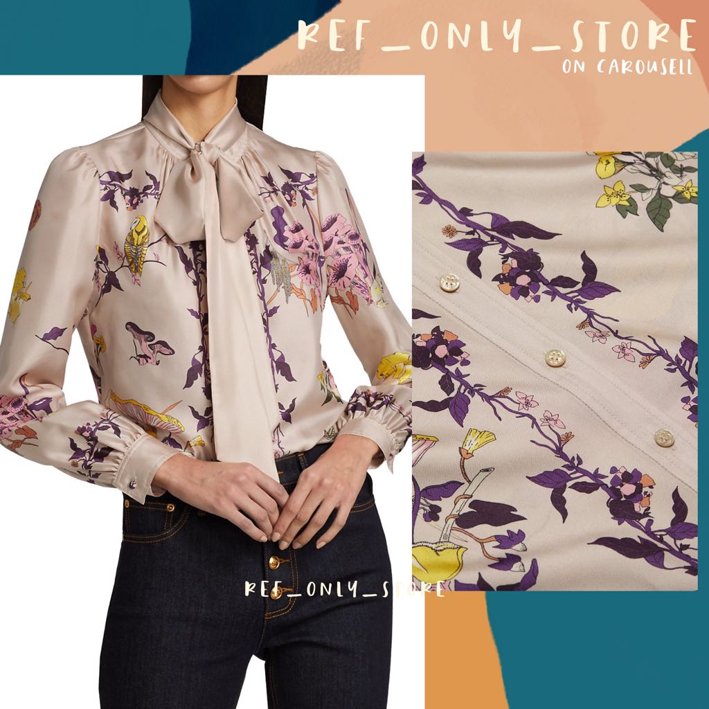 Tory Burch Printed Silk Tie Bow Blouse Top Mushroom Party, Women's Fashion,  Tops, Blouses on Carousell