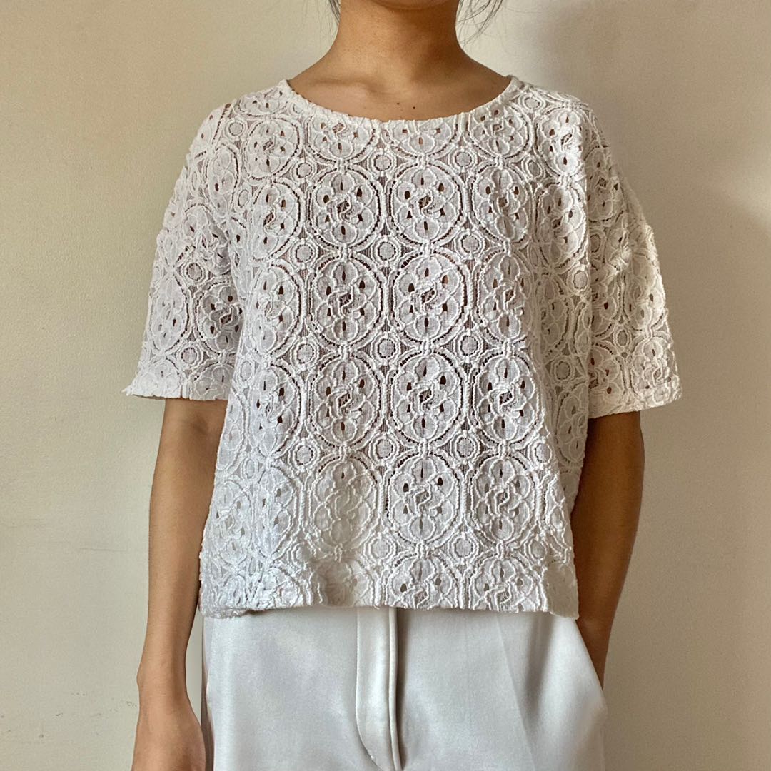 White Eyelet Lace Top, Women's Fashion 