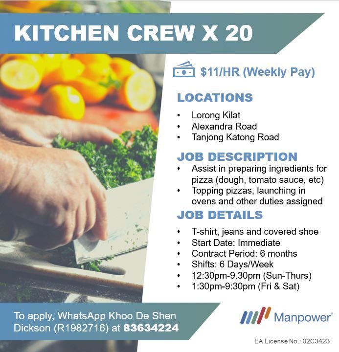 11 Per Hour 20 X Kitchen Crew Weekly Pay Jobs Hospitality F B On Carousell