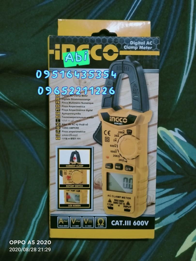 Ingco Digital AC Clamp Meter (Category: Construction Tools & Equipment) located in Caloocan City. Submitted by abieghail (Listing ID 1062359670, Image 2). Description: INGCO Digital AC Clamp Meter - DCM2001 Price : ₱999.00 Brandnew Condition! - 2000 Counts - Data Hold Model: DCM2001 AC Current: 2A/20A/200A/±(2.5% +5) AC Voltage: 0~600V±(0.8% +5) DC Voltage: 0~600V±(0.5% +3) Resistance: 2kΩ/20kΩ±(0.8% +3) -Complete set with FREE batteries -Manual 