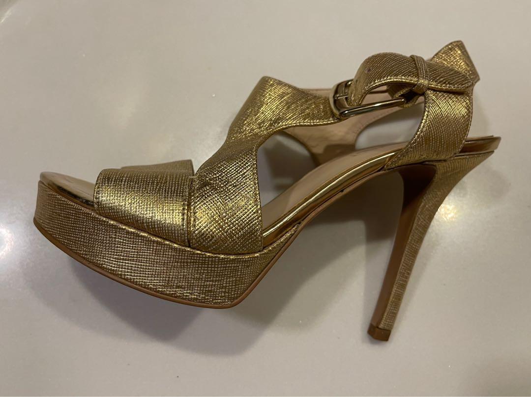 Nine West 4 inch open toe wide strap platform matte gold leather high heel shoes