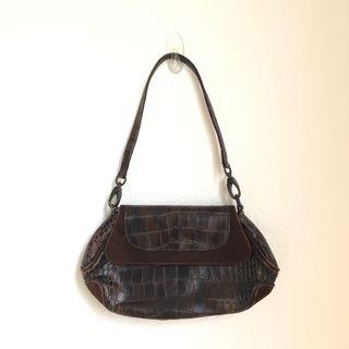 Vintage Brown Faux Croc Leather Baguette Bag