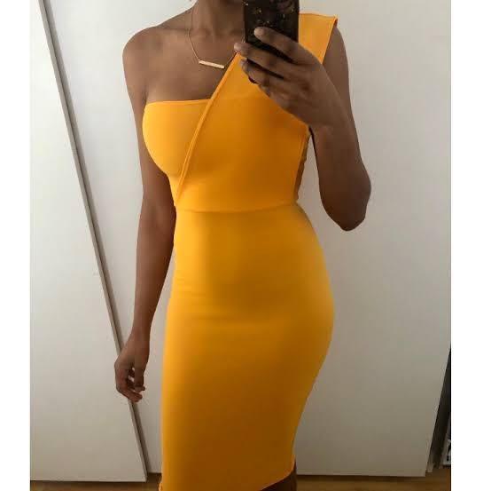 Yellow one shoulder draped midi dress