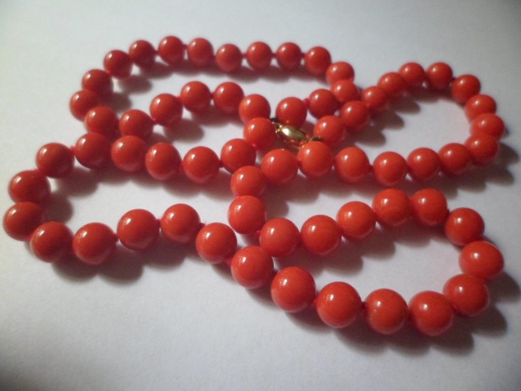 natural 8mm red coral necklace 52" 14K Gold Clasp