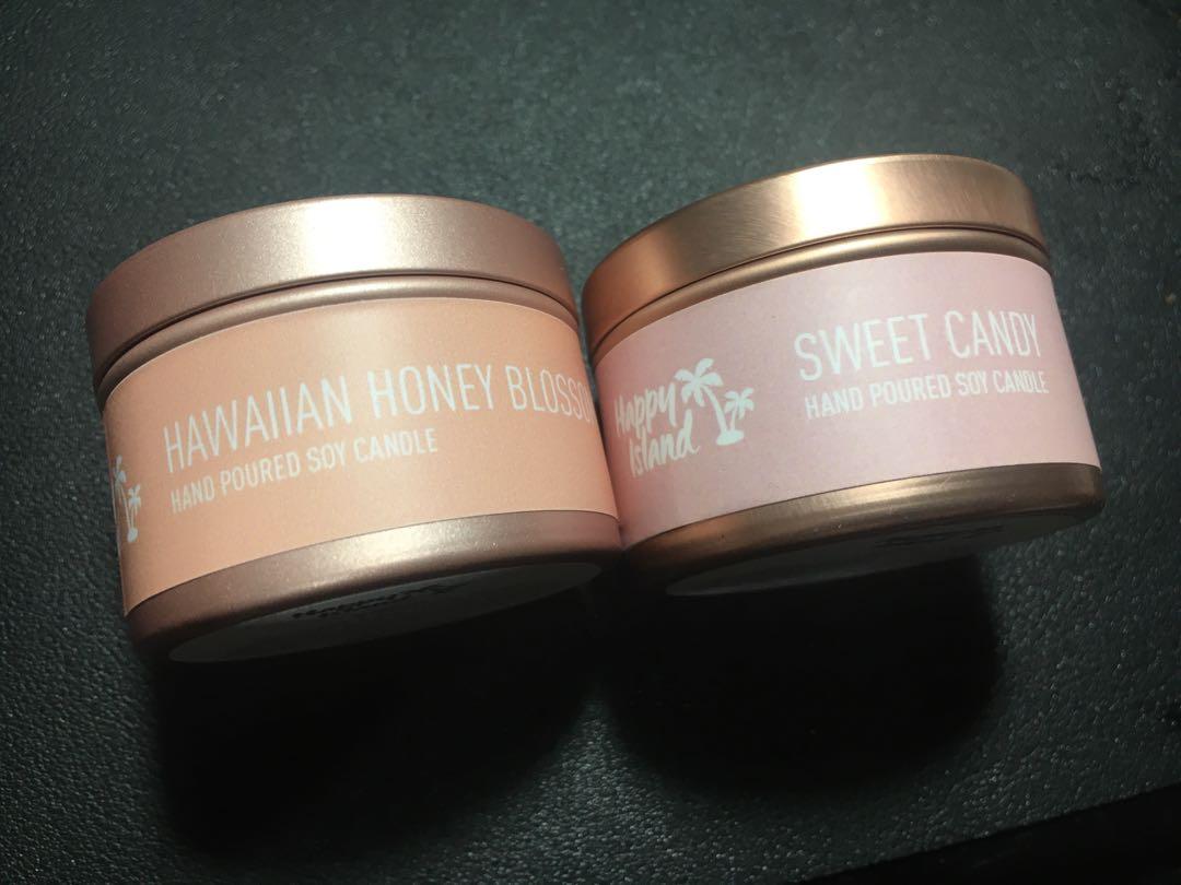 Happy Island Soy Candles (Category: Everything Else Others) located in Rizal. Submitted by rdm087 (Listing ID 1062662499, Image 2). Description: Happy Island Soy Candles P180 per candle P350 for both candles 2 scents: Sweet Candy Hawaiian Honey Blossom 60ml each (small size!) Brand new, opened only for inspection Bought at Zalora for P230 each.