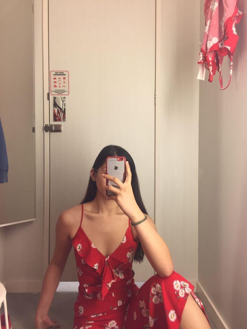 H&m red cheap floral jumpsuit
