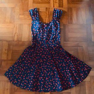 Navy Blue Dress with Cherry Prints