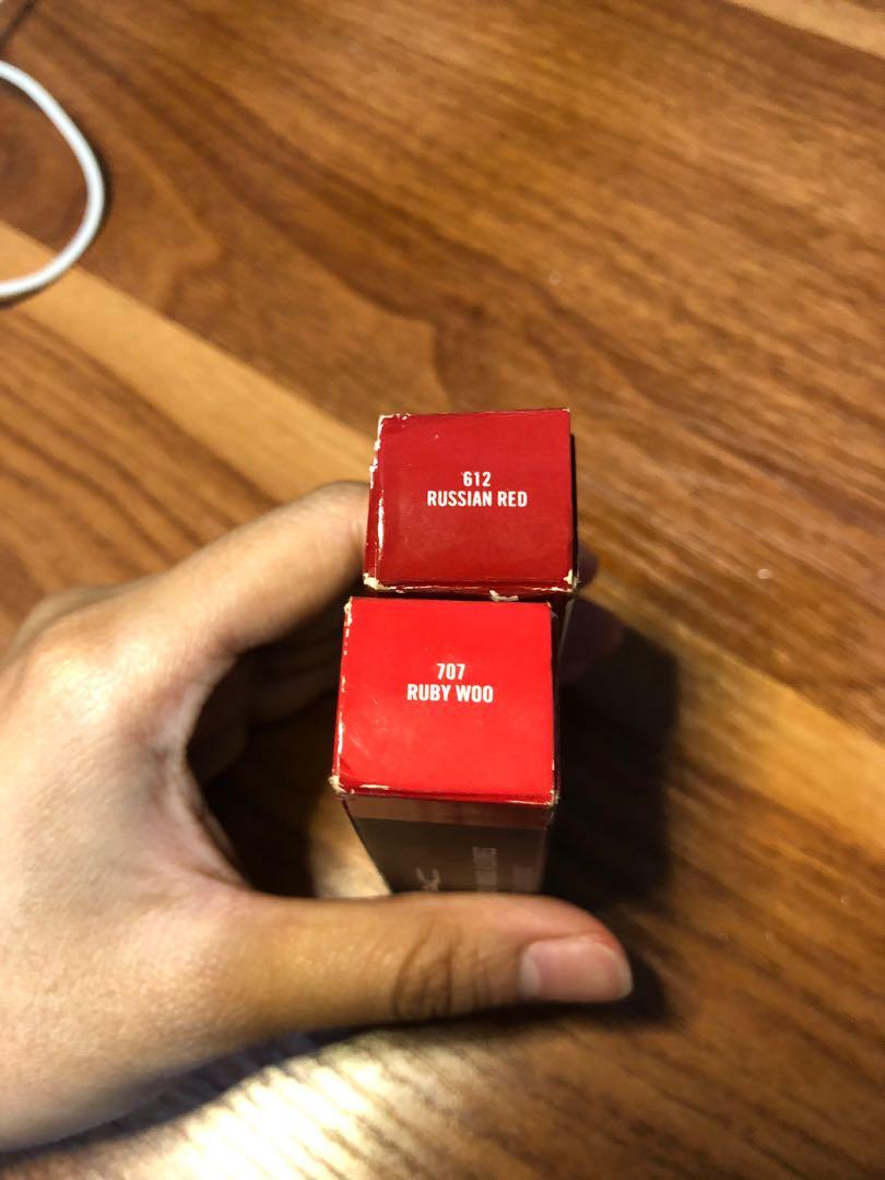 Original Mac Matte Lipstick in Ruby Woo & Russian Red— Take both! (Category: Makeup) located in Las Pinas. Submitted by portraitsoftracy (Listing ID 1062721684, Image 2). Description: - never used, was only stored - 1400 php for both: - russian red 612: 750 php - ruby woo 707: 750 php - bought from the US - rfs: decluttering .