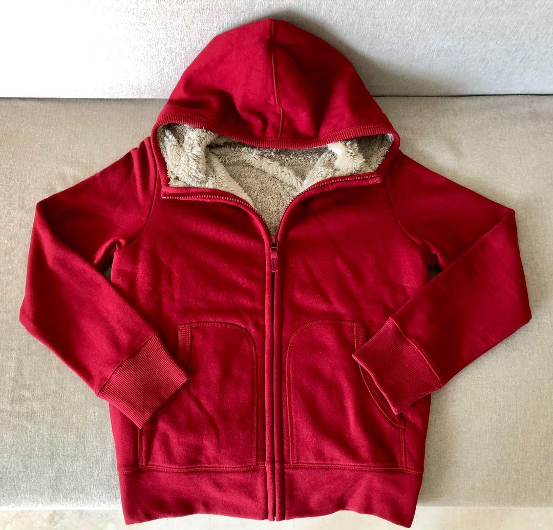 Uniqlo Kids Girls Pile lined Red Hoodie Jacket Sweater Top 140