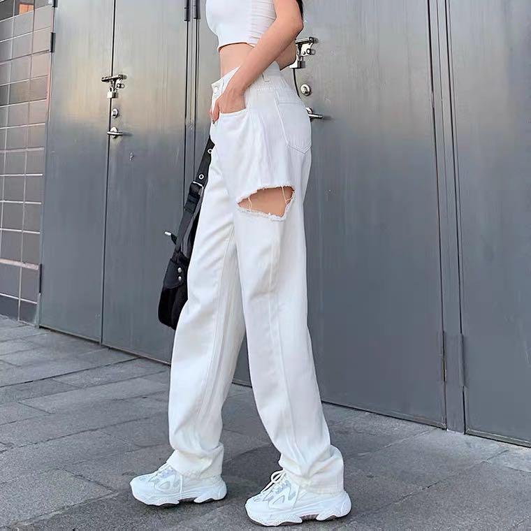 White ripped cargo top pants
