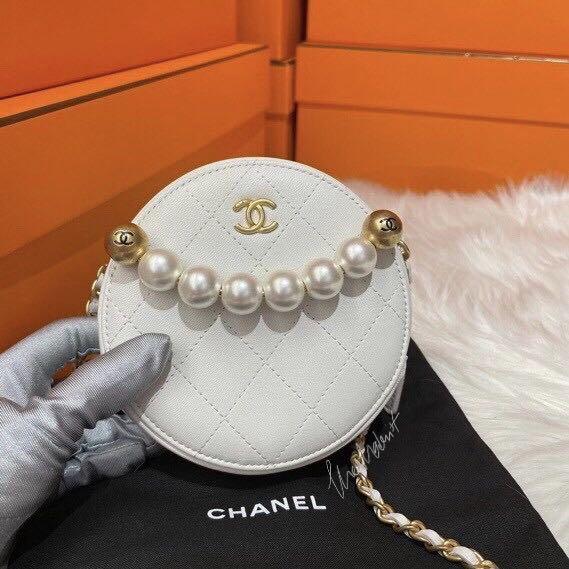 Authentic Chanel Round Sling Bag, Navy Camellia, Silver Hardware