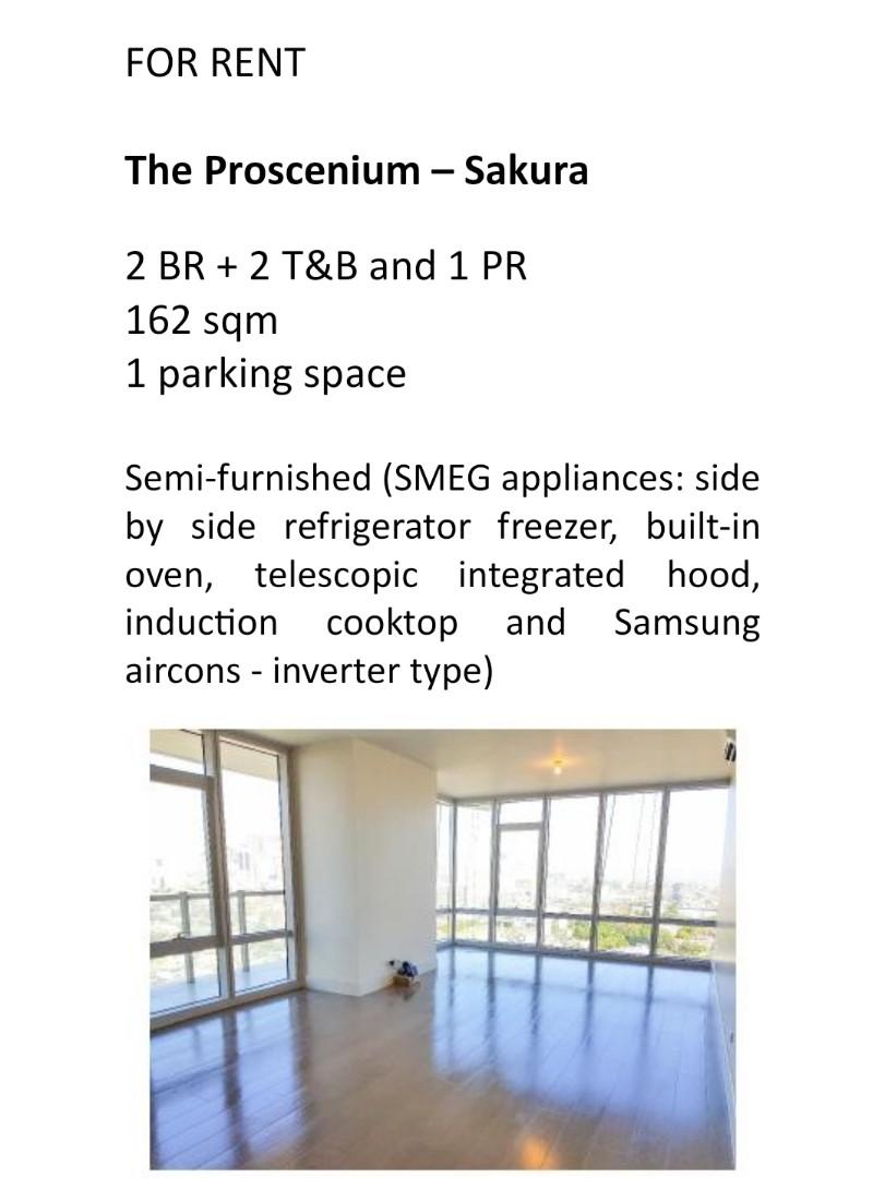 Apartment for Rent in Sakura Tower - Proscenium (Category: Apartments & Condos) located in Quezon City. Submitted by rimaostwani (Listing ID 1062984807, Image 1). Description: 2-Bedroom 2 T&B 1 PR 162 sqm 1 parking space Semi-furnished (SMEG appliances) **Rate excluding monthly dues ** Schedule viewings 2 days in advance.