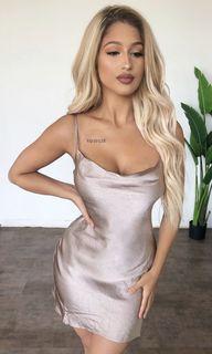 Satin taupe cowl neck dress