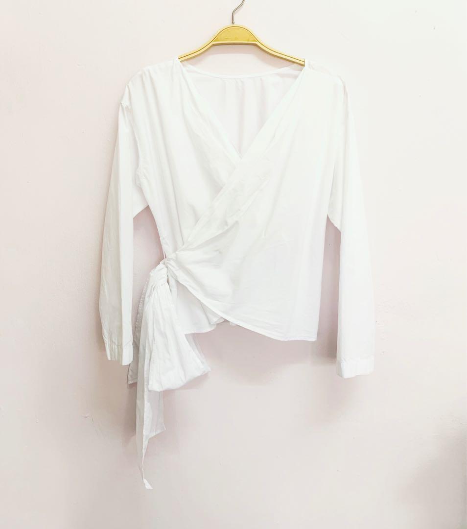 white wrap blouse long sleeve
