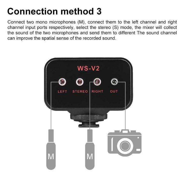 WS-V2 DSLR Audio Adapter,Universal Dual Channels 3.5mm Port Camera Mixer for DSLR Cameras and 1/4 Screw Hole for Mounting on Most Cameras. 