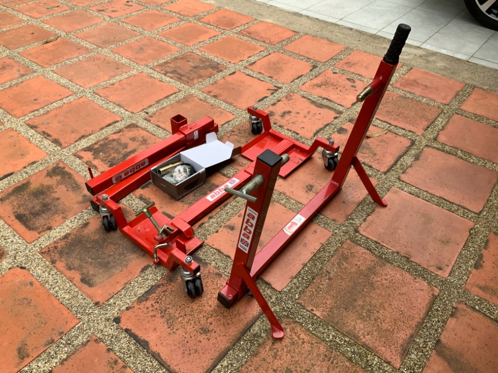Abba motorcycle stand, front wheel lift & motor glide trolley