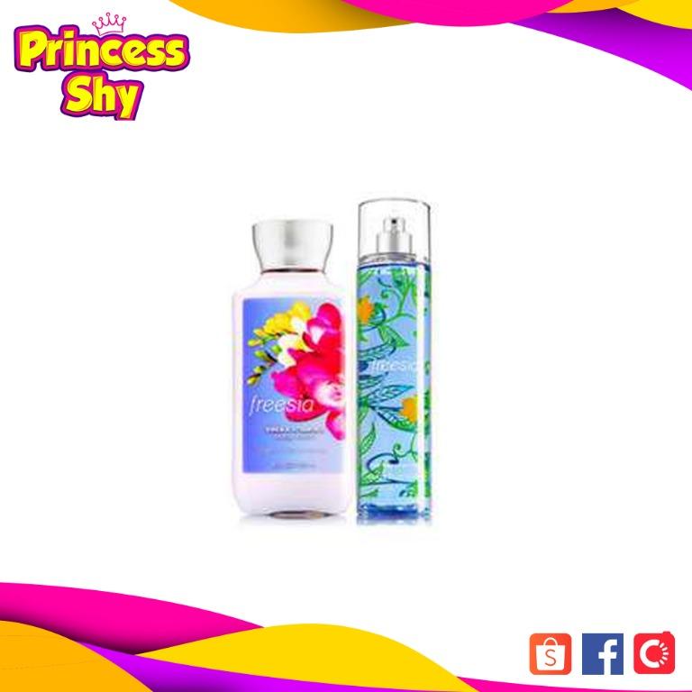 Bath & Body Works Freesia 2pc. Gift Set (Category: Bath) located in San Juan City. Submitted by princessshyph (Listing ID 176848207, Image 1). Description: Bath & Body Works 2pc Gift Set. Inspired by a fresh-cut spring bouquet! A perfect blend of freesia petals and creamy hyacinth Includes: Freesia Body Lotion 236ml Freesia Fine Fragrance Mist 236ml.