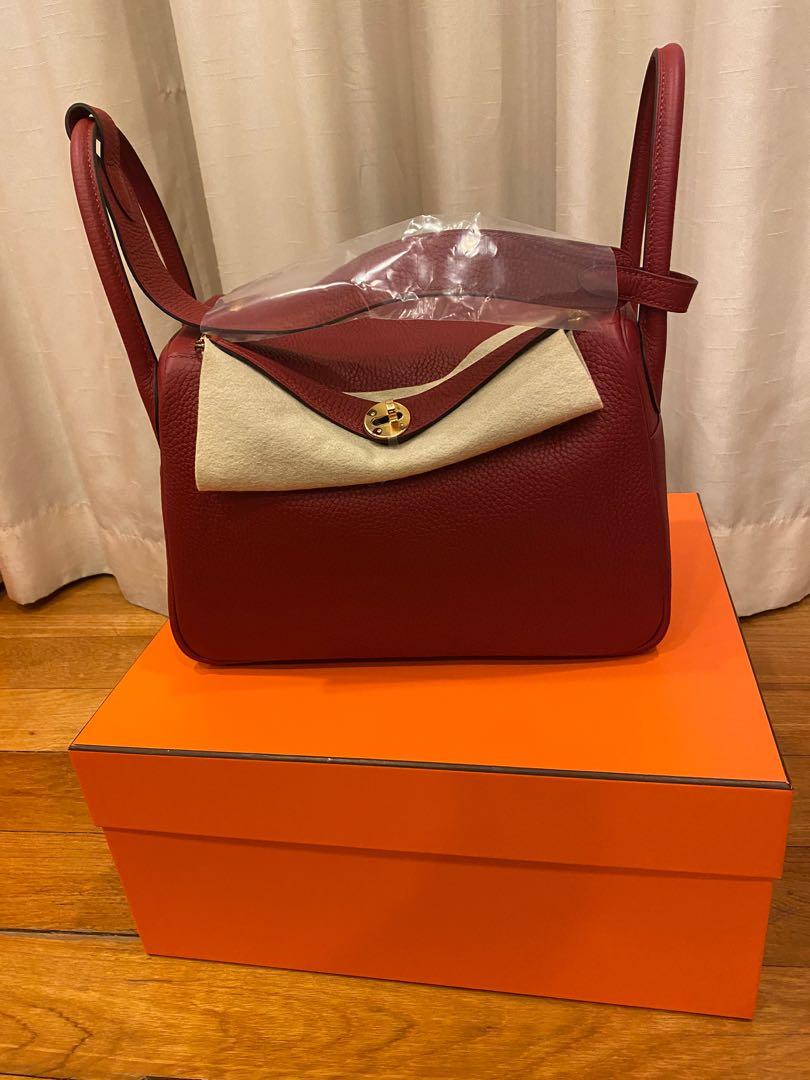 Hermes 30cm Rouge Grenat Clemence Leather Gold Plated Lindy Bag