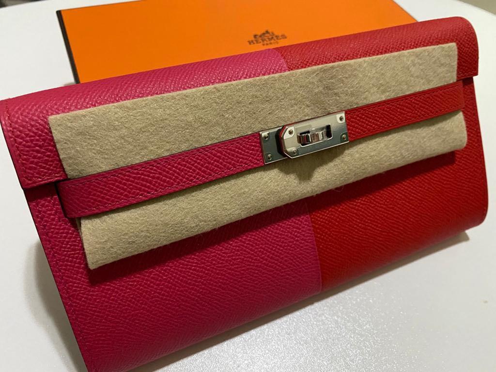 Hermes Kelly To Go Bag Wallet Tri Color Rouge Casaque Rose Blue Epsom