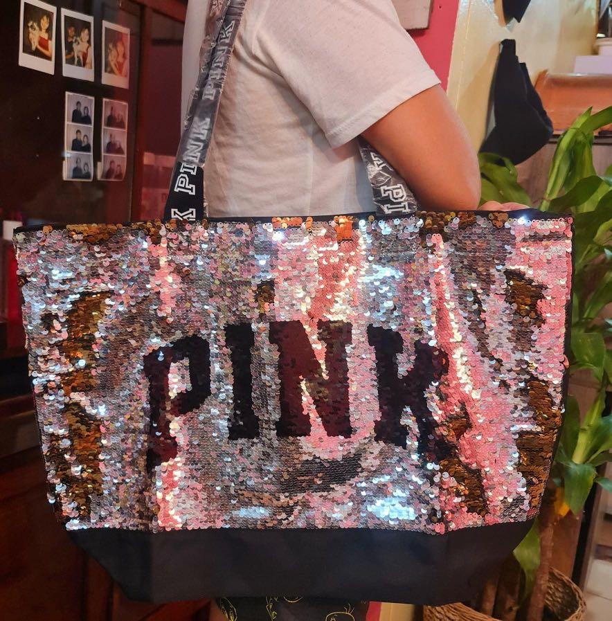 Victoria's Secret Tote Bag Large Shopper Black Pink Bling 